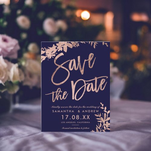 Rose Gold typography floral navy save the date Announcement Postcard