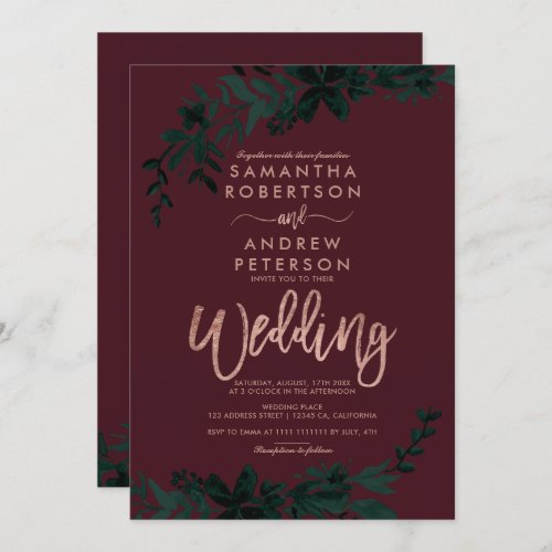 Rose gold typography Floral red burgundy wedding Invitation