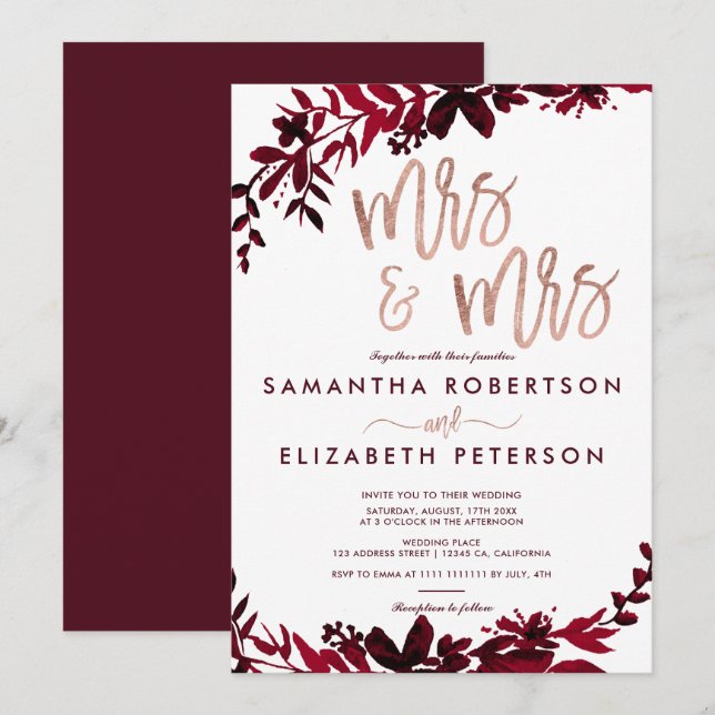 Rose gold typography Floral red lesbian wedding Invitation (Front/Back)