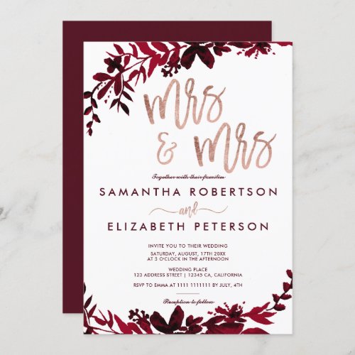 Rose gold typography Floral red lesbian wedding Invitation - Love is love, same gender wedding, Rose gold typography Floral fall red burgundy  Mrs and Mrs typography on customizable gray chic lesbian wedding , perfect for elegant, luxurious wedding,
