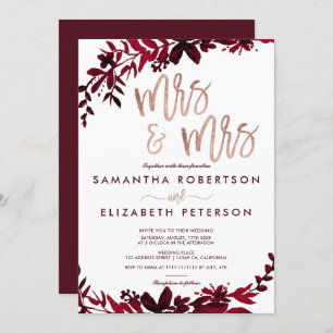Rose gold typography Floral red lesbian wedding Invitation