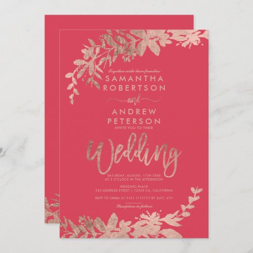 Rose Gold typography floral red pink wedding Invitation