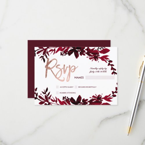 Rose gold typography Floral red  rsvp wedding - Rose gold typography Floral red burgundy watercolor chic rsvp wedding , perfect for elegant, stylish wedding,