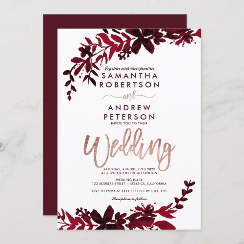 Rose gold typography Floral red wedding Invitation - Rose gold typography Floral fall red burgundy wedding  invitation with hand painted red watercolor foliage. The white color background is fully customizable