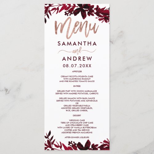 Rose gold typography Floral red wedding menu - Rose gold typography Floral fall red burgundy wedding menu with hand painted red watercolor foliage. The white color background is fully customizable.