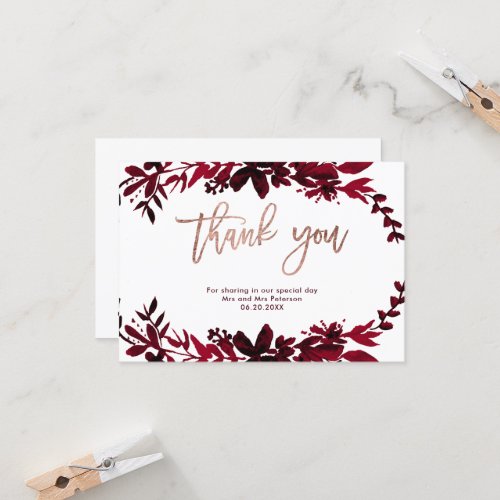 Rose gold typography Floral red wedding thank you Card - Rose gold typography Floral red typography thank you wedding with red floral watercolor