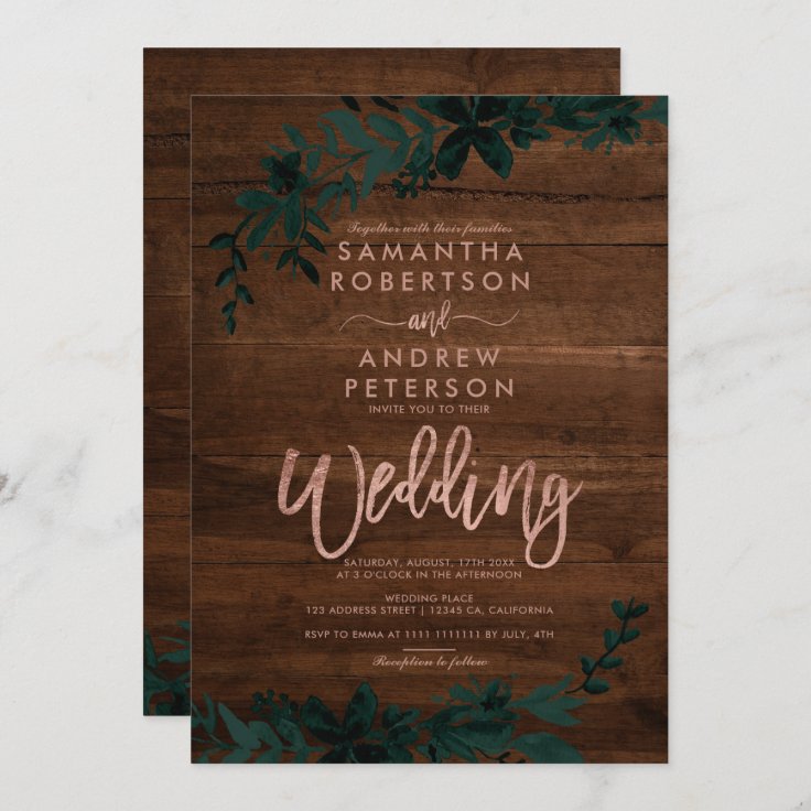 Rose Gold Typography Floral Rustic Wood Wedding Invitation Zazzle