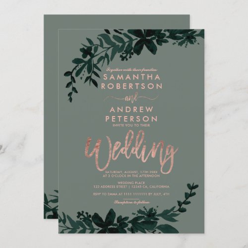 Rose gold typography Floral sage green wedding Invitation