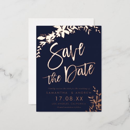 Rose Gold typography floral wedding save the date Foil Invitation Postcard