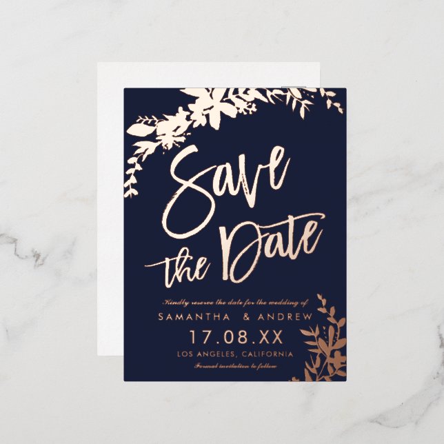 Rose Gold typography floral wedding save the date Foil Invitation Postcard (Front/Back)