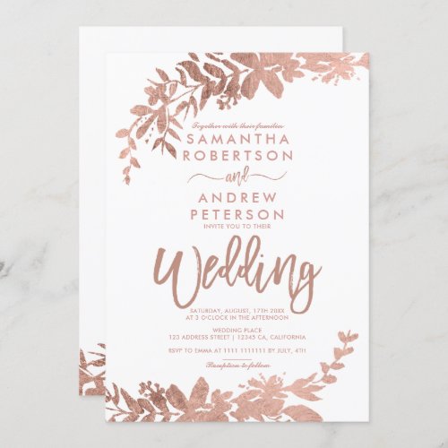 Rose Gold typography floral white chic wedding Invitation