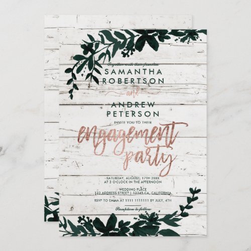 Rose gold typography Floral wood engagement Invitation