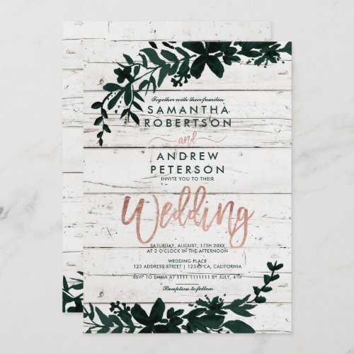 Rose gold typography Floral wood wedding Invitation