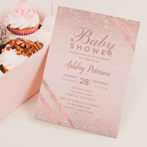 Rose gold typography glitter blush baby shower invitation