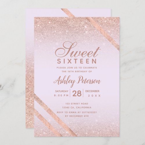 Rose gold typography glitter lavender Sweet 16 Invitation