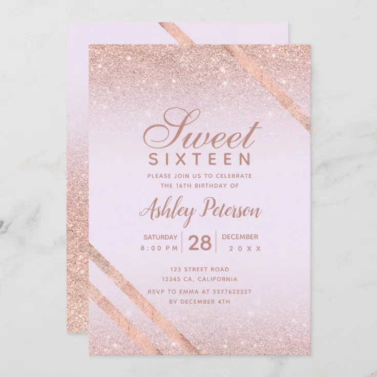 Rose gold typography glitter lavender Sweet 16 Invitation | Zazzle