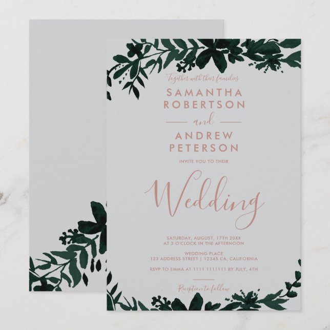Rose gold typography green Floral gray wedding Invitation (Front/Back)
