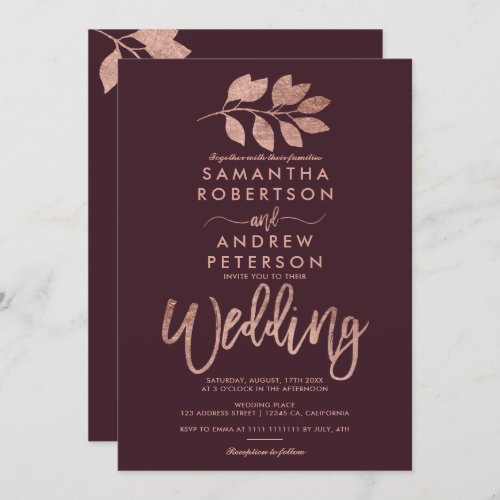 Rose gold typography leaf burgundy wedding invitation