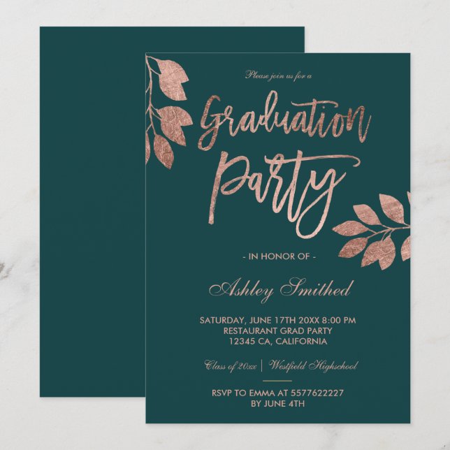 Rose Gold typography leaf green graduation party Invitation (Front/Back)