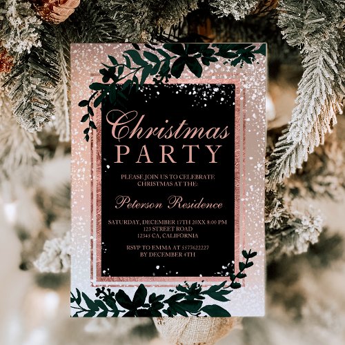 Rose gold typography leaf snow elegant Christmas Invitation