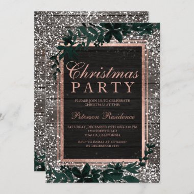 Rose gold typography leaf snow wood Christmas Invitation