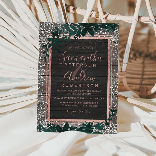 Rose gold typography leaf snow wood wedding invitation