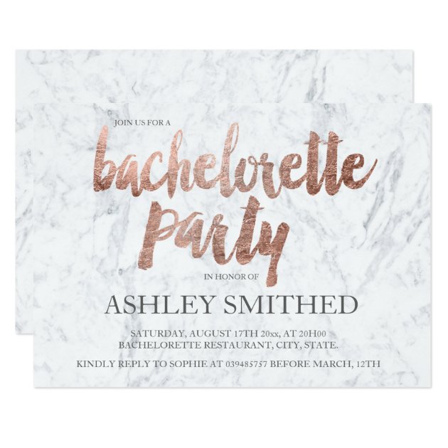 Rose Gold Typography Marble Bachelorette Party Invitation