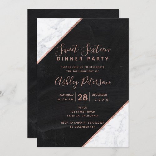 Rose gold typography marble chalkboard Sweet 16 Invitation