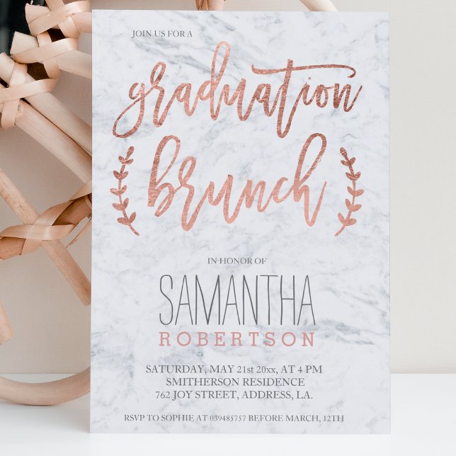 Rose gold typography marble graduation brunch invitation