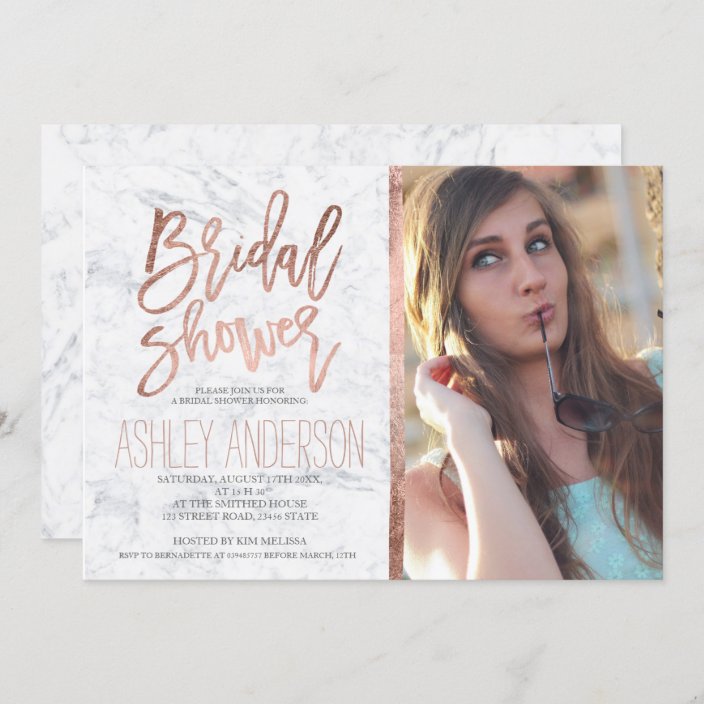 Rose Gold Typography Marble Photo Bridal Shower Invitation