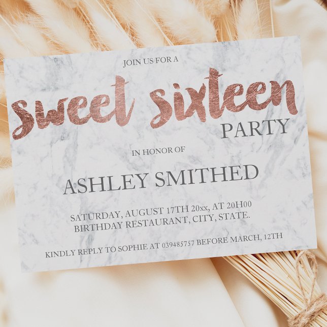 Rose gold typography marble Sweet 16 Invitation (Creator Uploaded)
