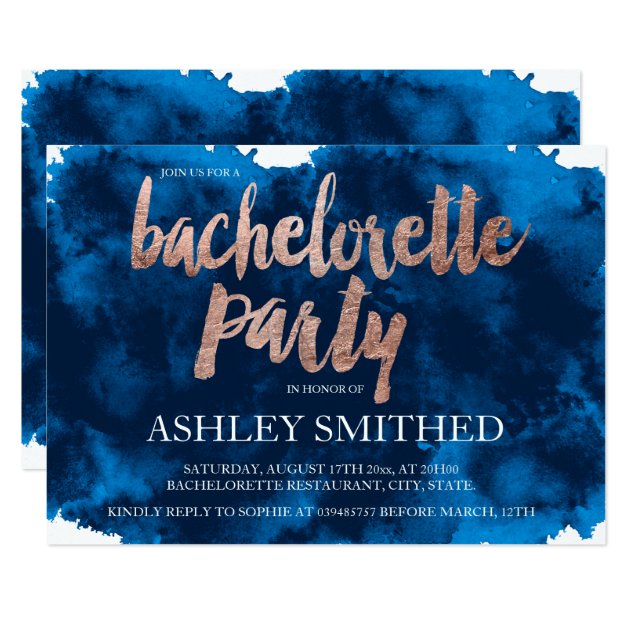 Rose Gold Typography Navy Blue Bachelorette Party Invitation