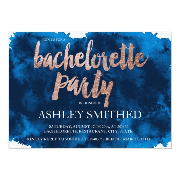 Rose Gold Typography Navy Blue Bachelorette Party Invitation