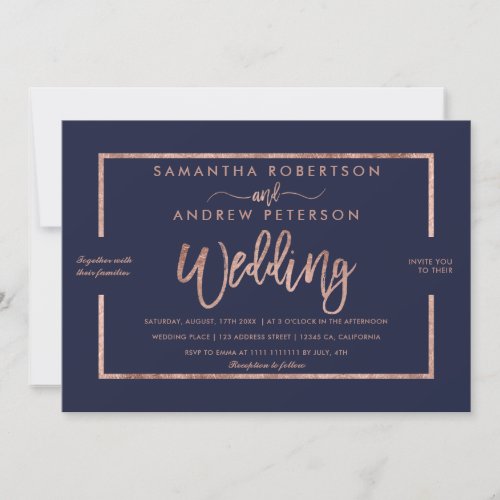 Rose gold typography navy blue chic wedding invitation