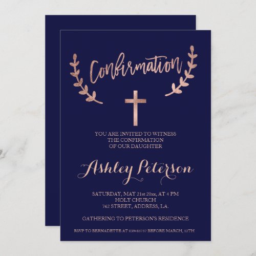 Rose gold typography navy blue confirmation invitation