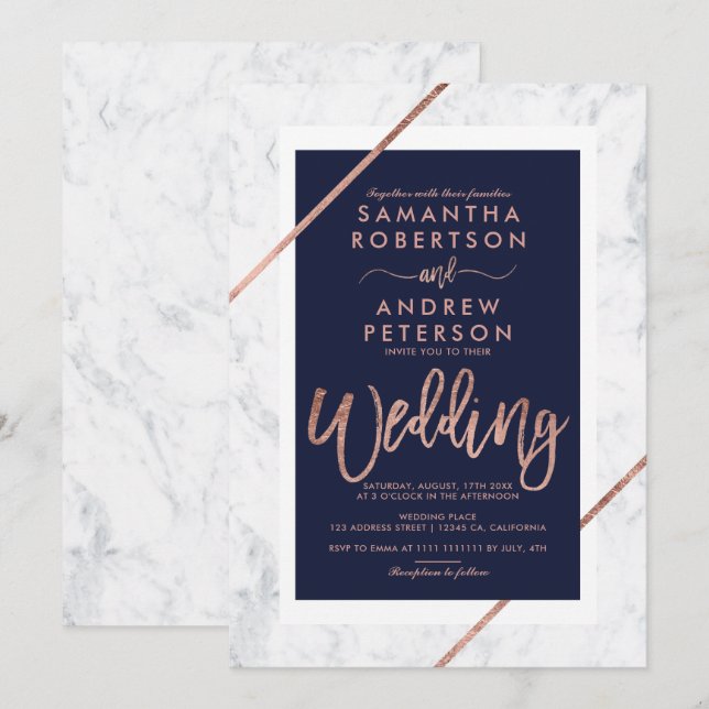 Rose gold typography navy white marble wedding invitation (Front/Back)