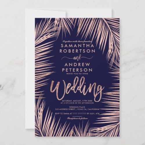 Rose Gold typography palm trees navy blue wedding Invitation