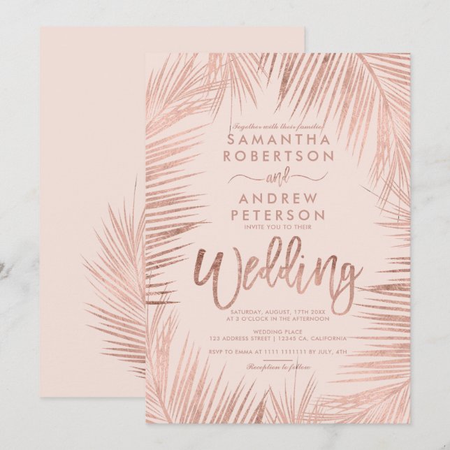 Rose Gold typography palm trees pink wedding Invitation (Front/Back)