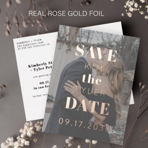 Rose gold typography photo wedding save the date foil invitation postcard