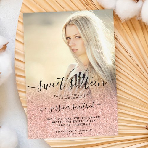 Rose gold typography pink ombre Sweet 16 photo Invitation