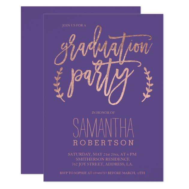 Rose Gold Typography Purple Graduation Party 2 Invitation