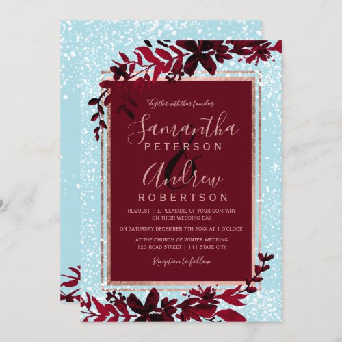Rose gold typography red leaf snow blue wedding invitation