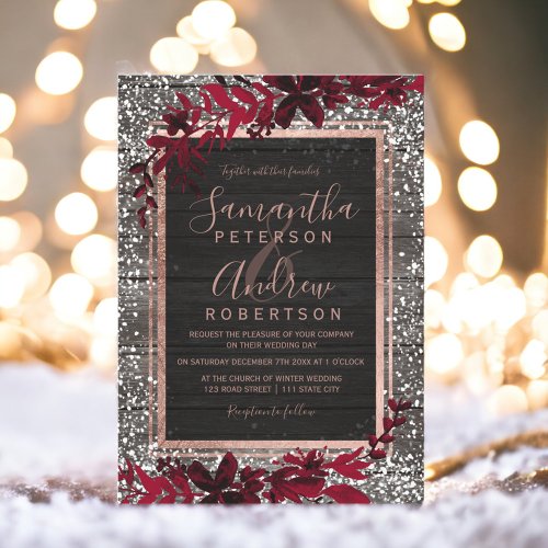 Rose gold typography red leaf snow wood wedding invitation