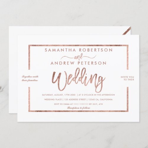 Rose gold typography simple white chic wedding invitation