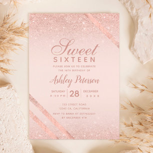 Rose gold typography stripe glitter blush Sweet 16 Invitation