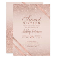 Rose gold typography stripe glitter blush Sweet 16 Invitation