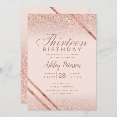Rose gold typography stripe glitter blush thirteen invitation