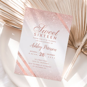 Rose gold typography stripe glitter white Sweet 16 Invitation