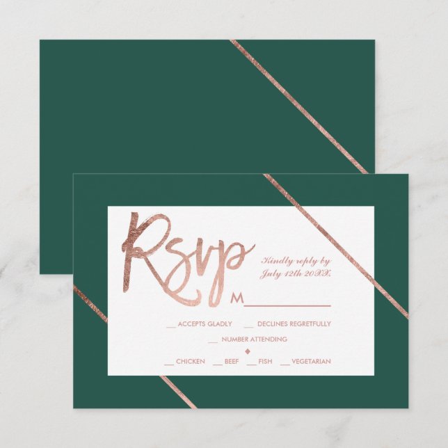 Rose gold typography stripe green rsvp wedding card (Front/Back)