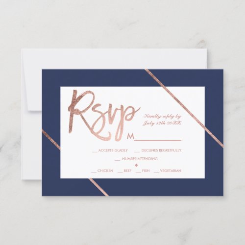 Rose gold typography stripe navy blue rsvp wedding